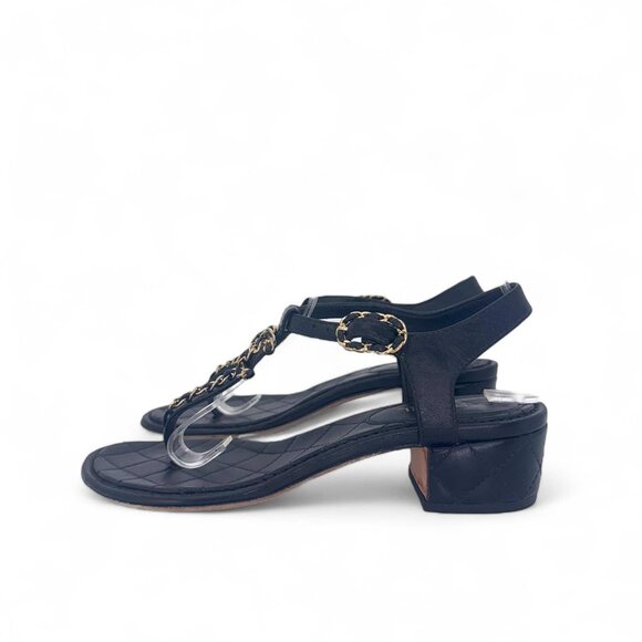 CHANEL Black & Gold CC Logo T-Strap Leather Sandals IT36 - Picture 4 of 10